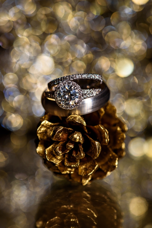 Wedding rings balancing on a pinecone.
